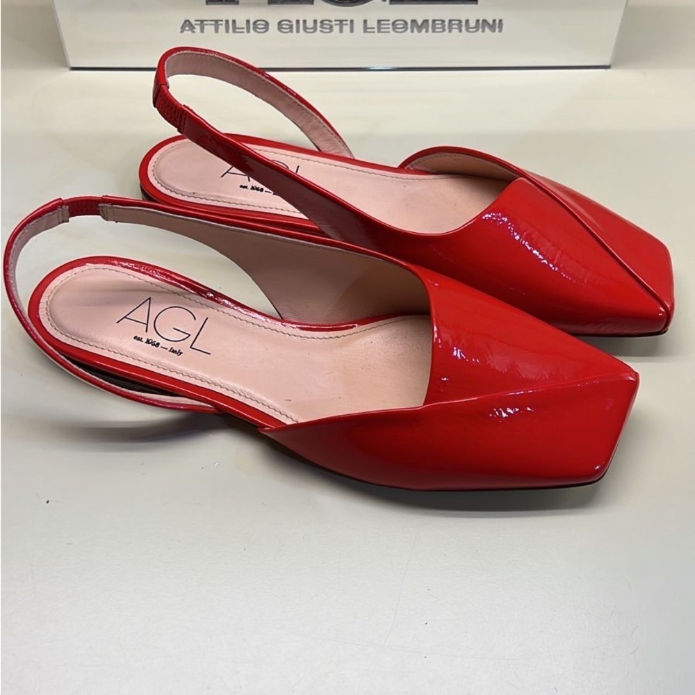 AGL Red Patent Slingback Flats | Italian Designer Square Toe Shoes NWT - Picture 4 of 7